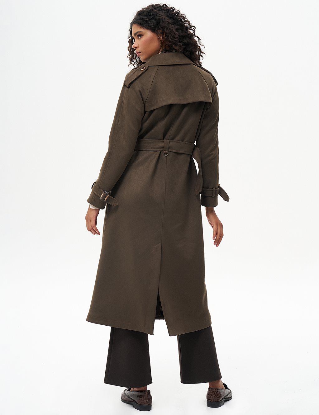 Suede Coat with Belt Detail Dark Khaki