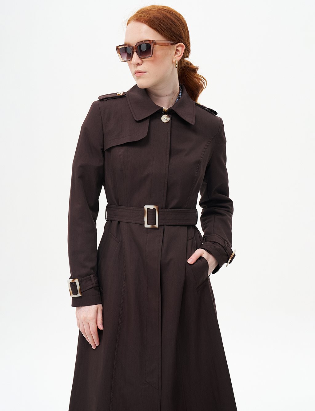 Belted Topcoat with Epaulette Detail Dark Brown