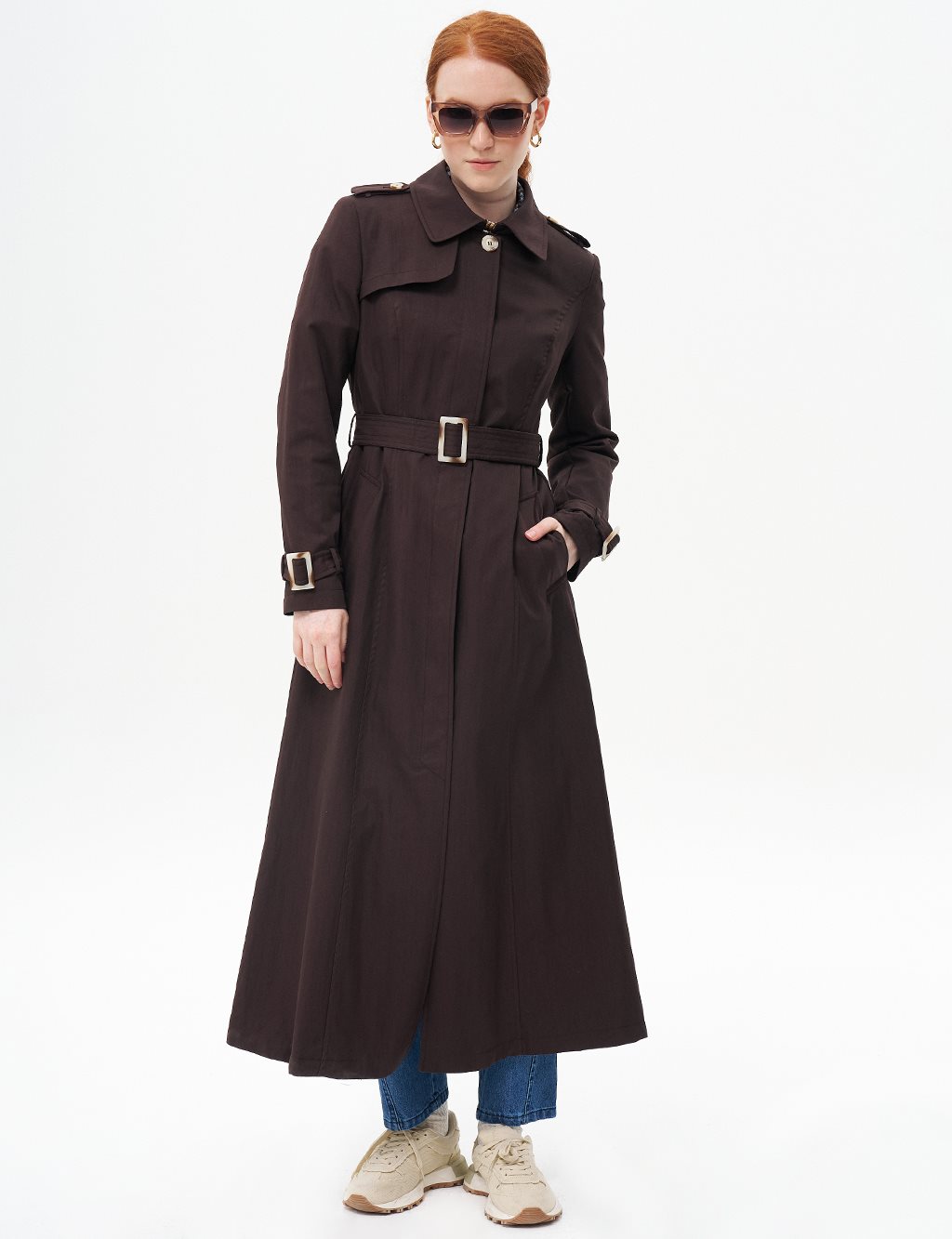 Belted Topcoat with Epaulette Detail Dark Brown