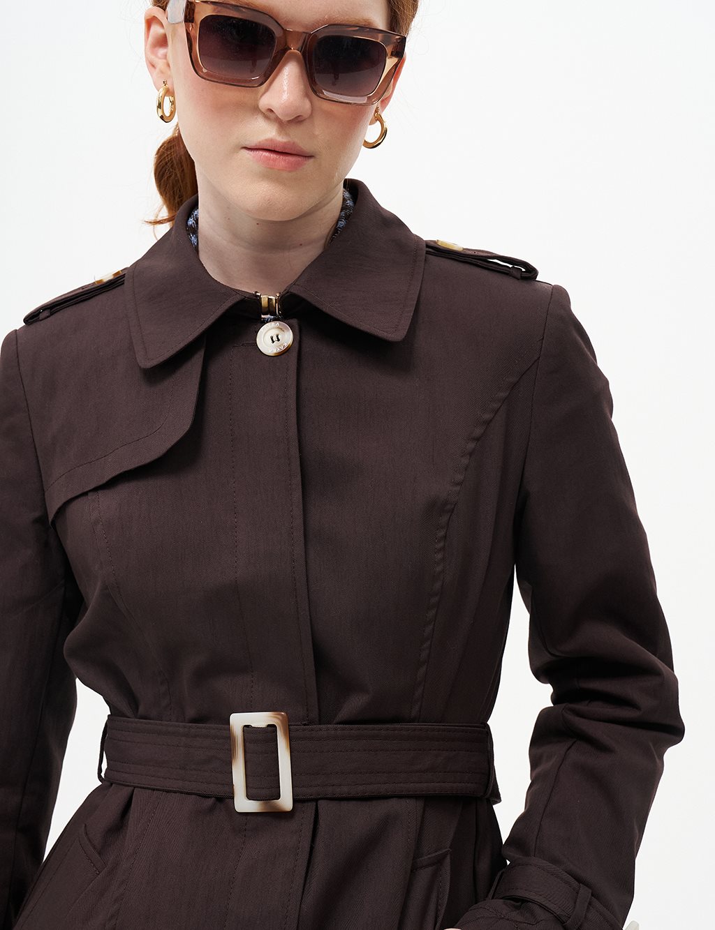 Belted Topcoat with Epaulette Detail Dark Brown