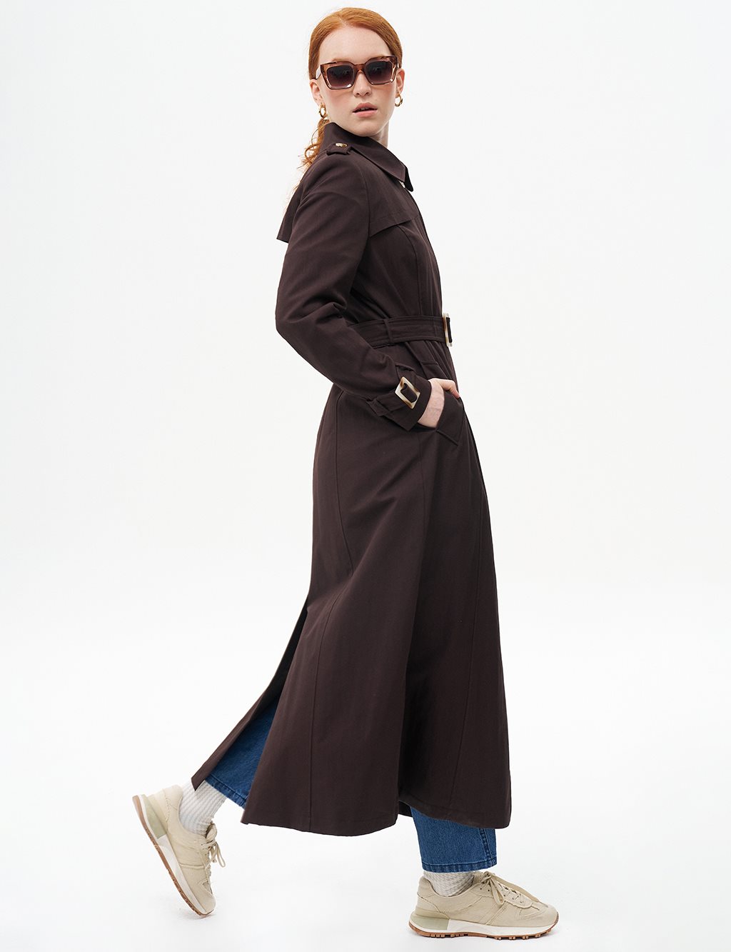 Belted Topcoat with Epaulette Detail Dark Brown