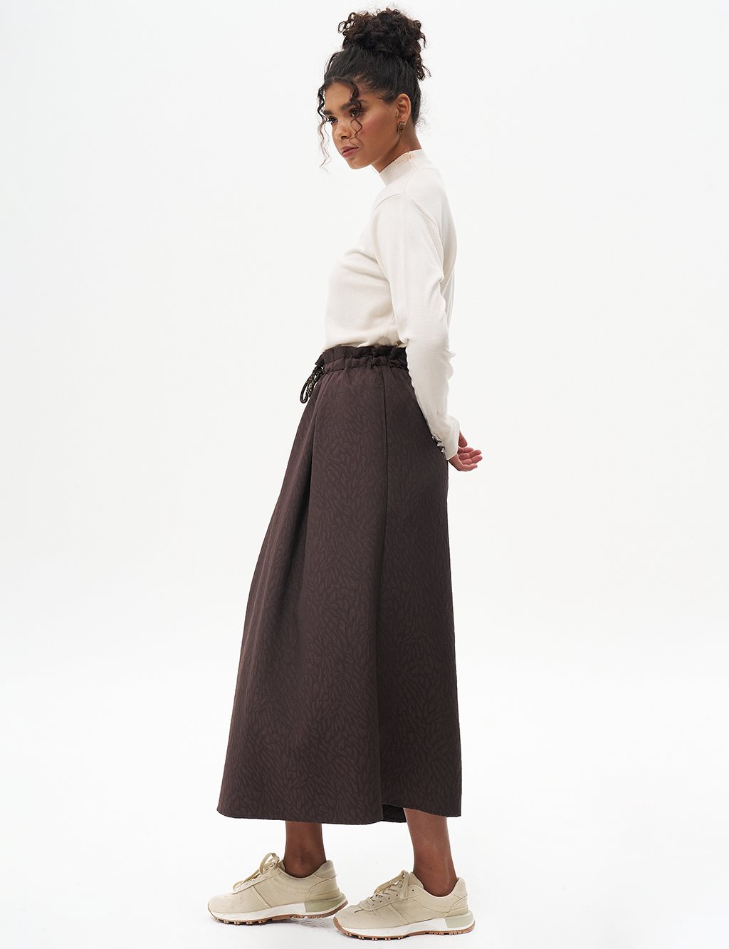 Abstract Pattern Bell Skirt Dark Coffee