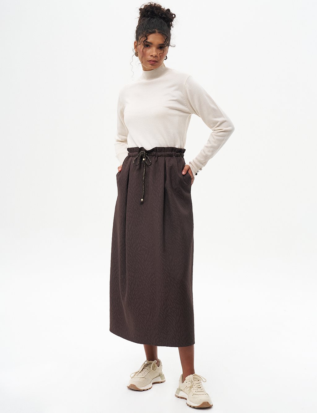 Abstract Pattern Bell Skirt Dark Coffee