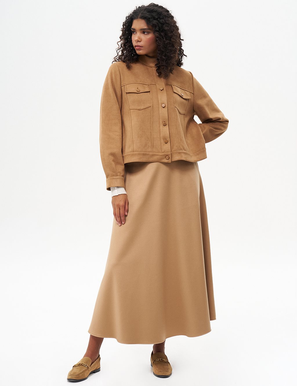 Zipper Detailed Flared Wool Skirt in Camel