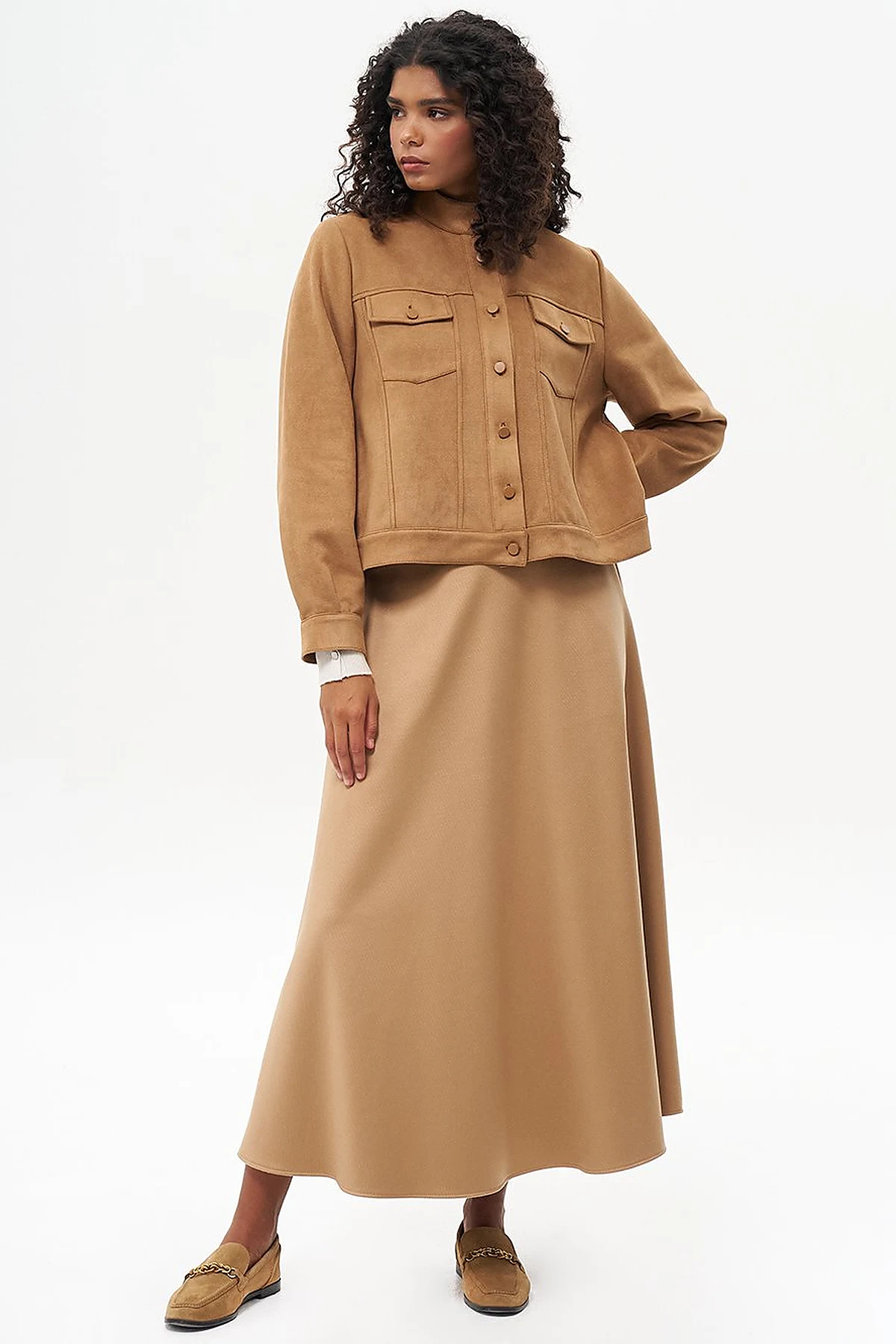 Zipper Detailed Flared Wool Skirt in Camel