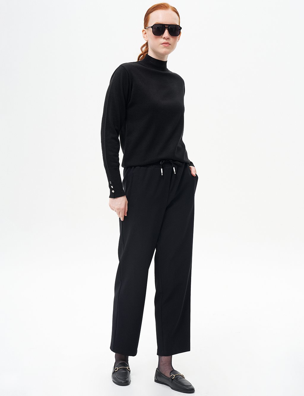 Elastic Waist Laced Pants Black