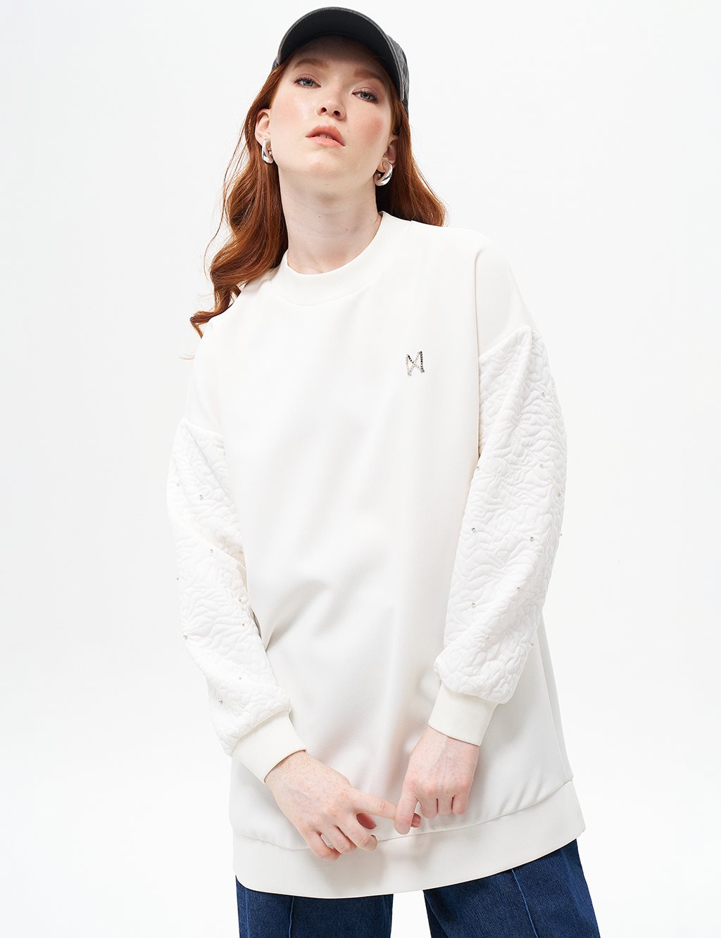 Stone-Embellished Crew Neck Sweatshirt Optic White
