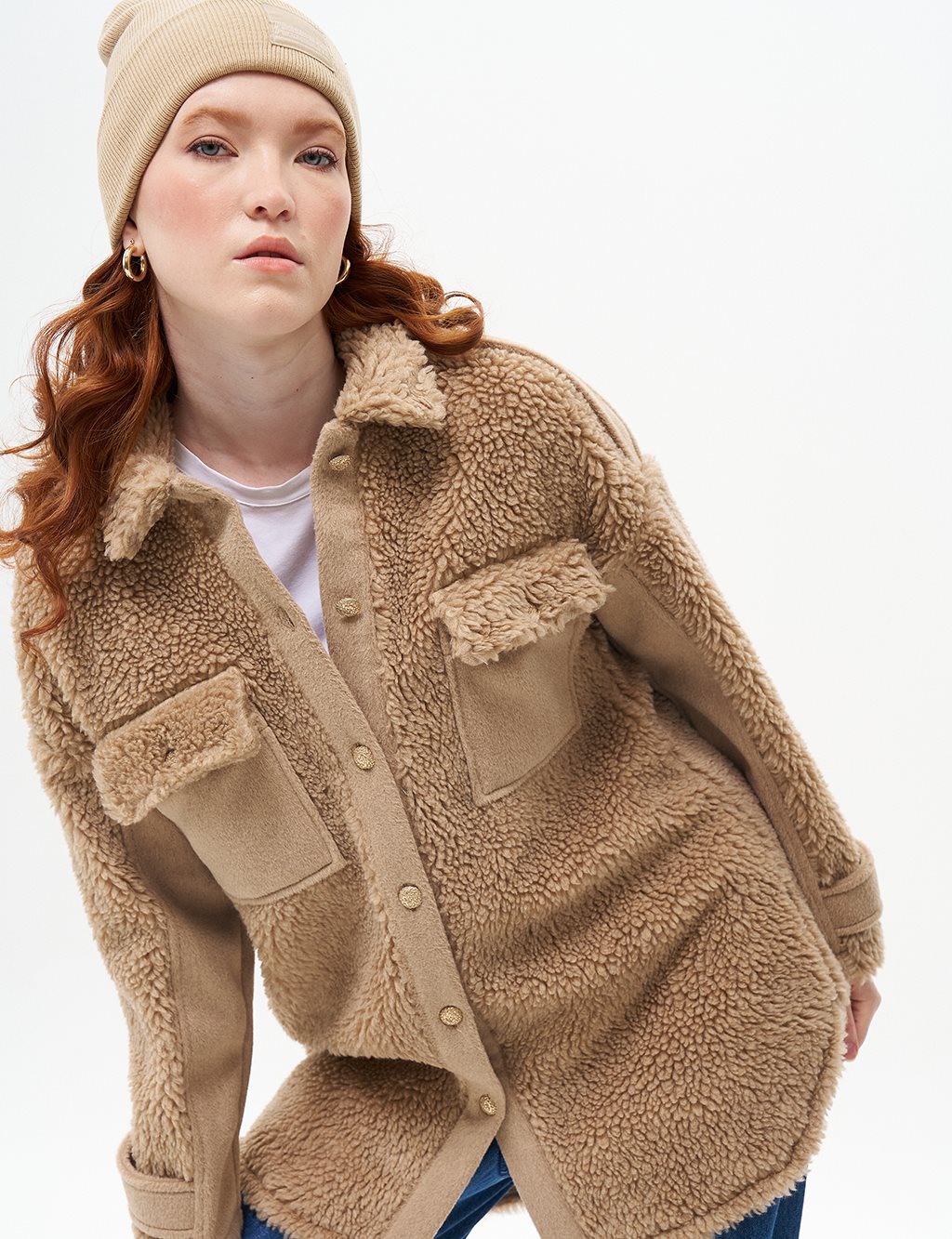 Double Pocket Plush Jacket Beige