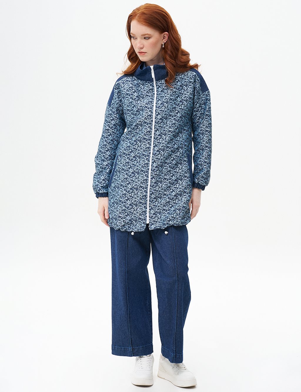 Denim Mixed Zipper Closure Tunic Navy Blue