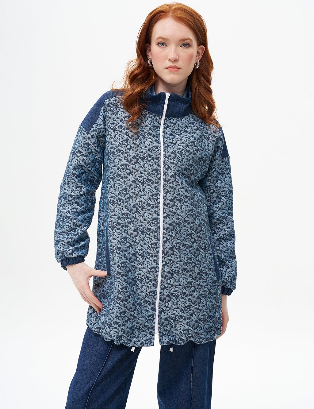 Denim Mixed Zipper Closure Tunic Navy Blue