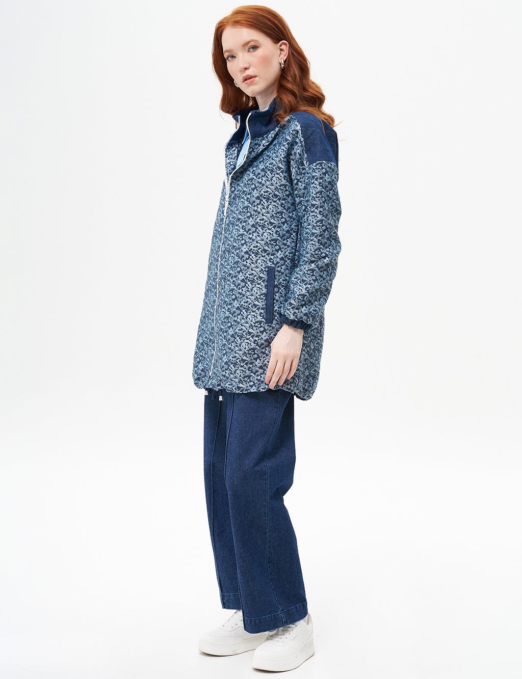 Denim Mixed Zipper Closure Tunic Navy Blue