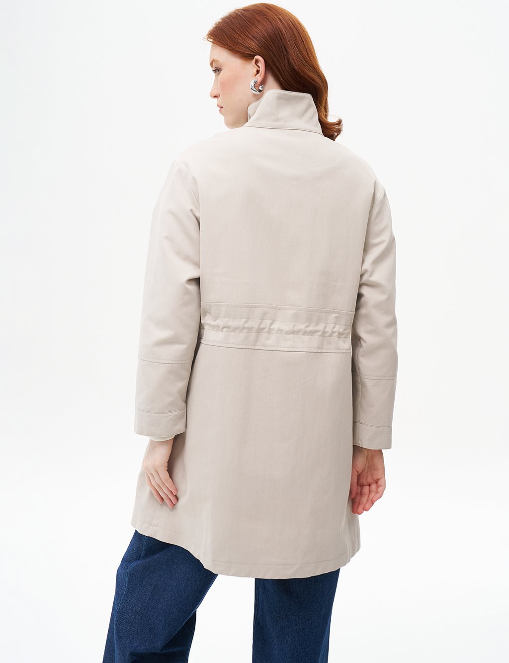 Eyelet Detailed Waist Gathered Coat Stone