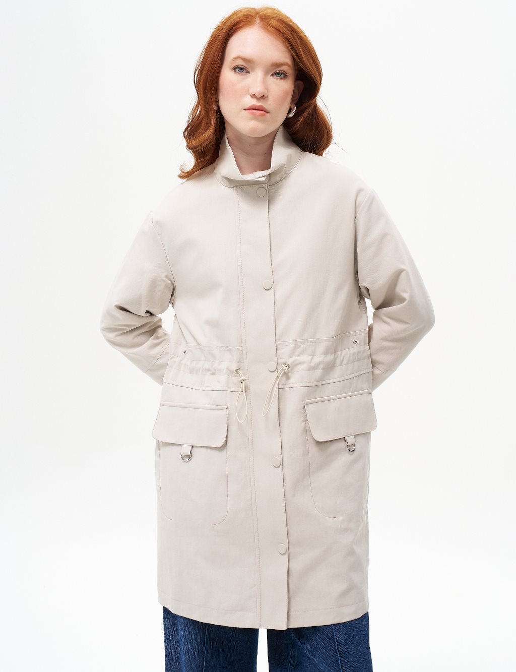 Eyelet Detailed Waist Gathered Coat Stone