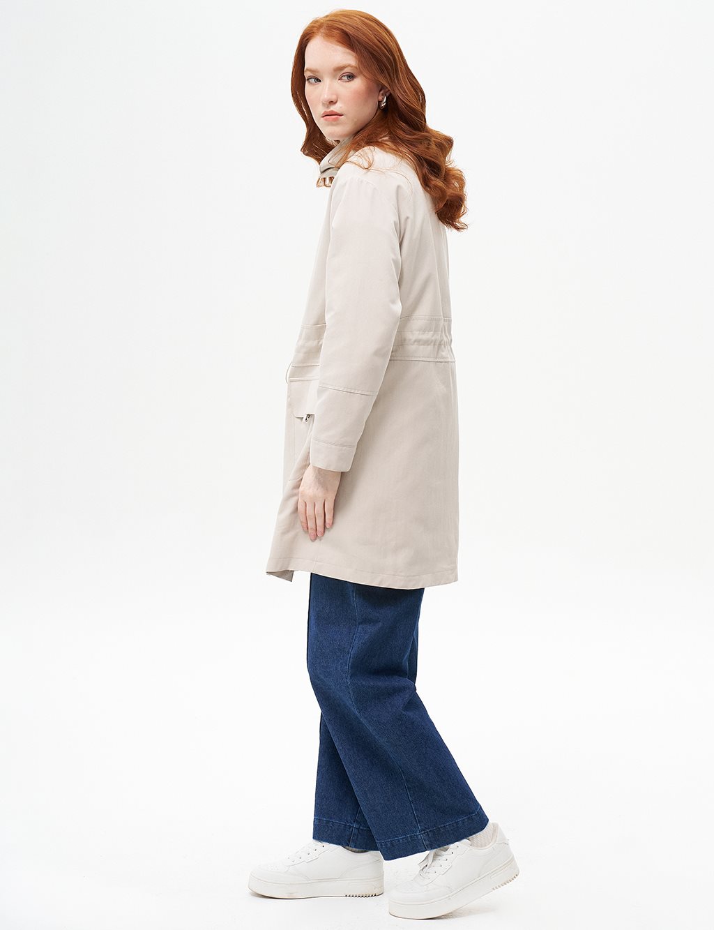 Eyelet Detailed Waist Gathered Coat Stone
