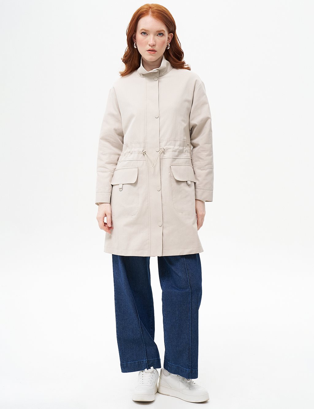 Eyelet Detailed Waist Gathered Coat Stone