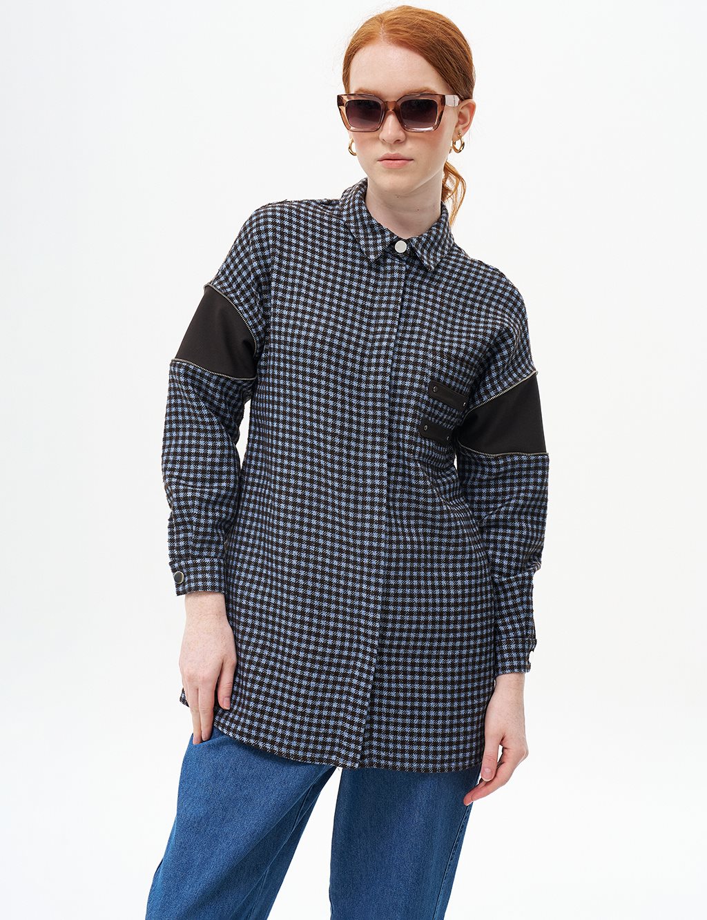 Gingham Patterned Leather Mixed Tunic Aviator Blue