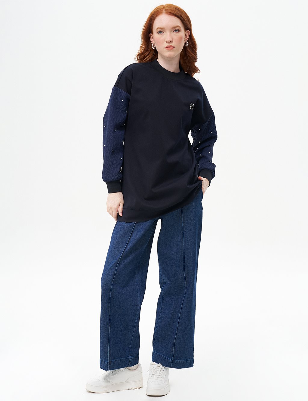 Sıfır Yaka Kolu Taşlı Sweatshirt Koyu Lacivert