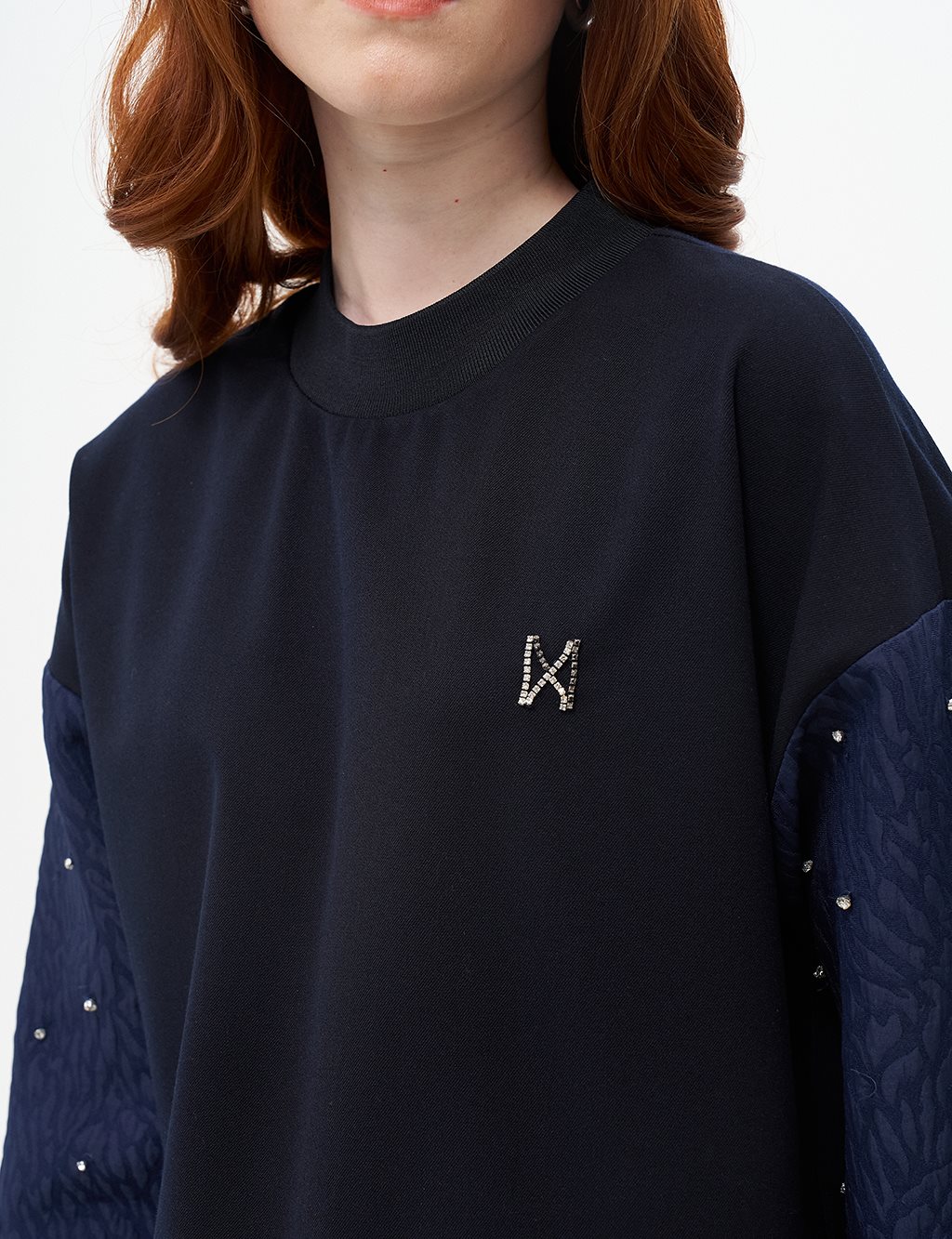 Sıfır Yaka Kolu Taşlı Sweatshirt Koyu Lacivert