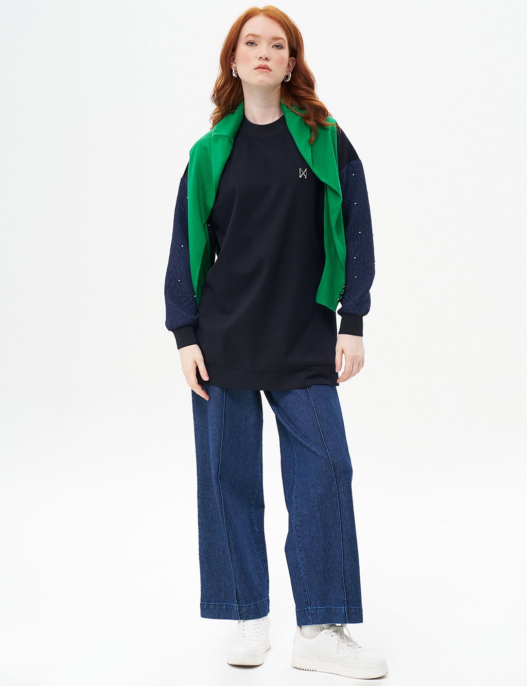 Sıfır Yaka Kolu Taşlı Sweatshirt Koyu Lacivert