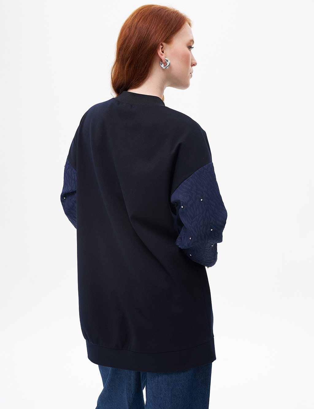 Sıfır Yaka Kolu Taşlı Sweatshirt Koyu Lacivert