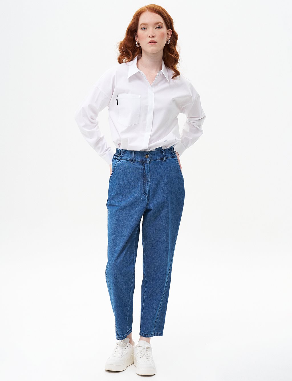Düğmeli Havuç Kesim Denim Pantolon İndigo