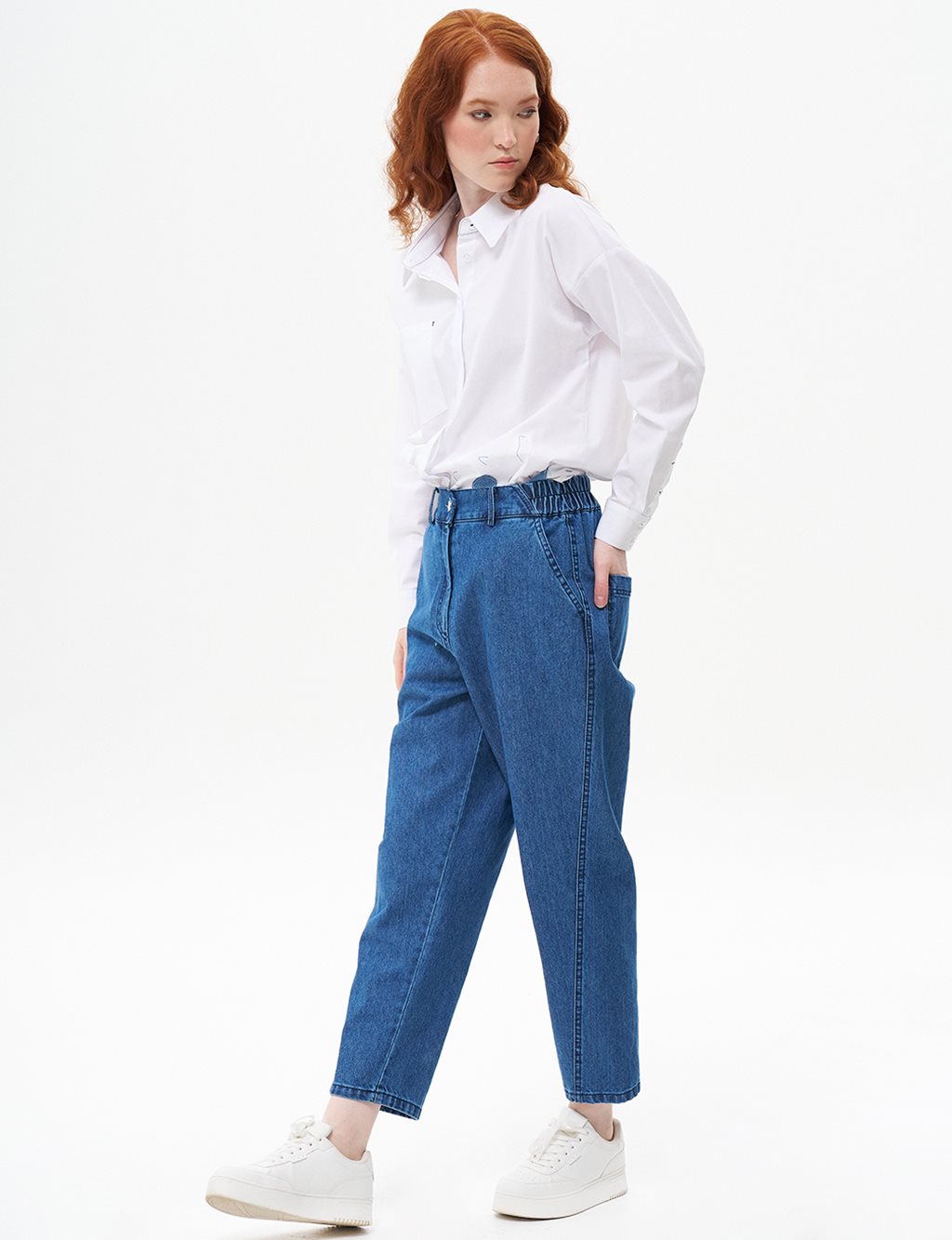 Düğmeli Havuç Kesim Denim Pantolon İndigo