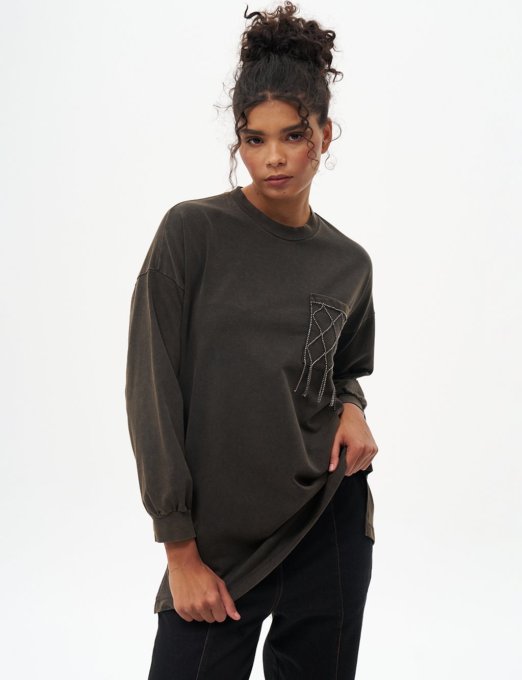 Stone Embroidered Two Thread Sweatshirt Green