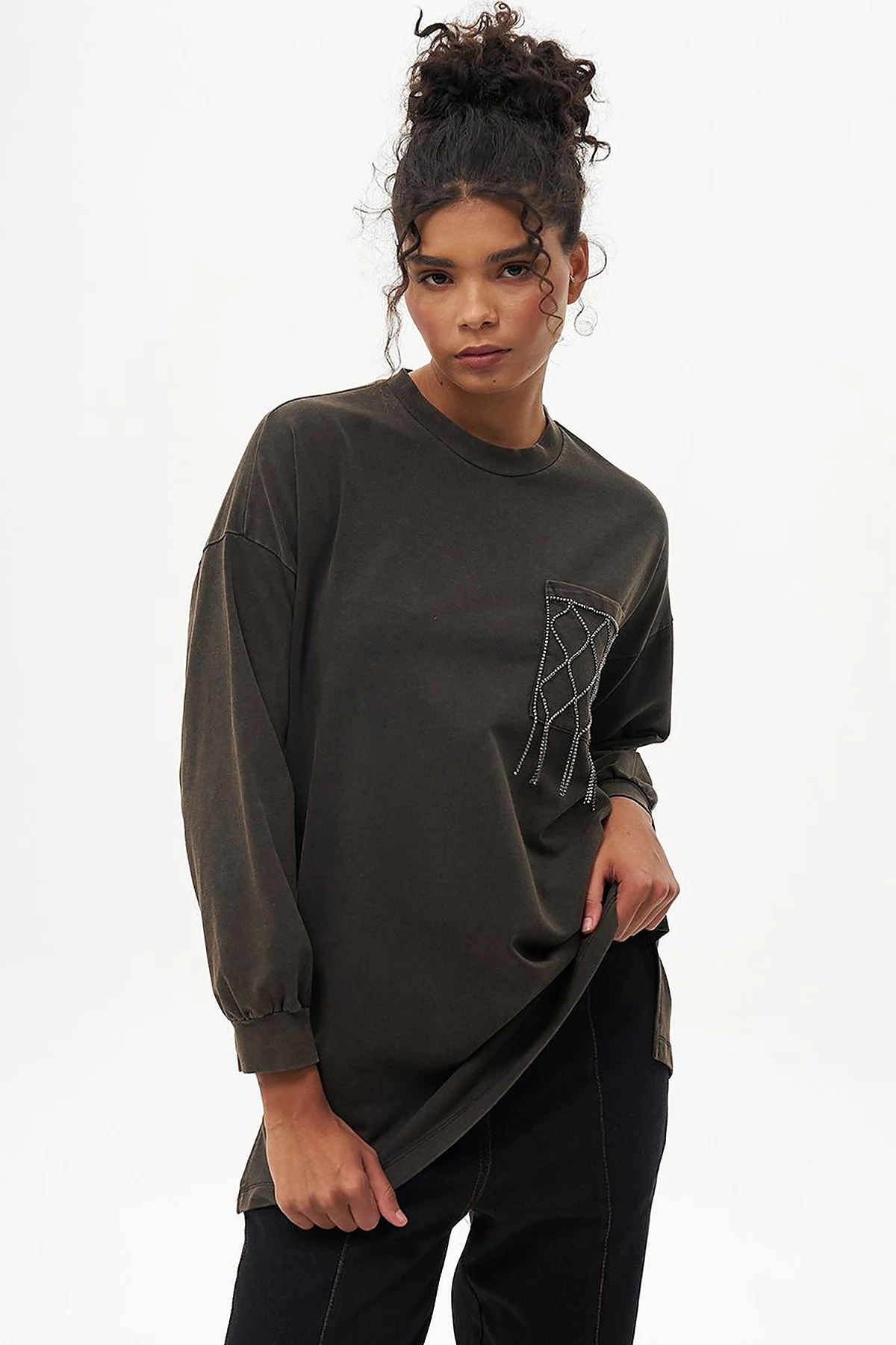 Taş İşlemeli İki İplik Sweatshirt Yeşil 
