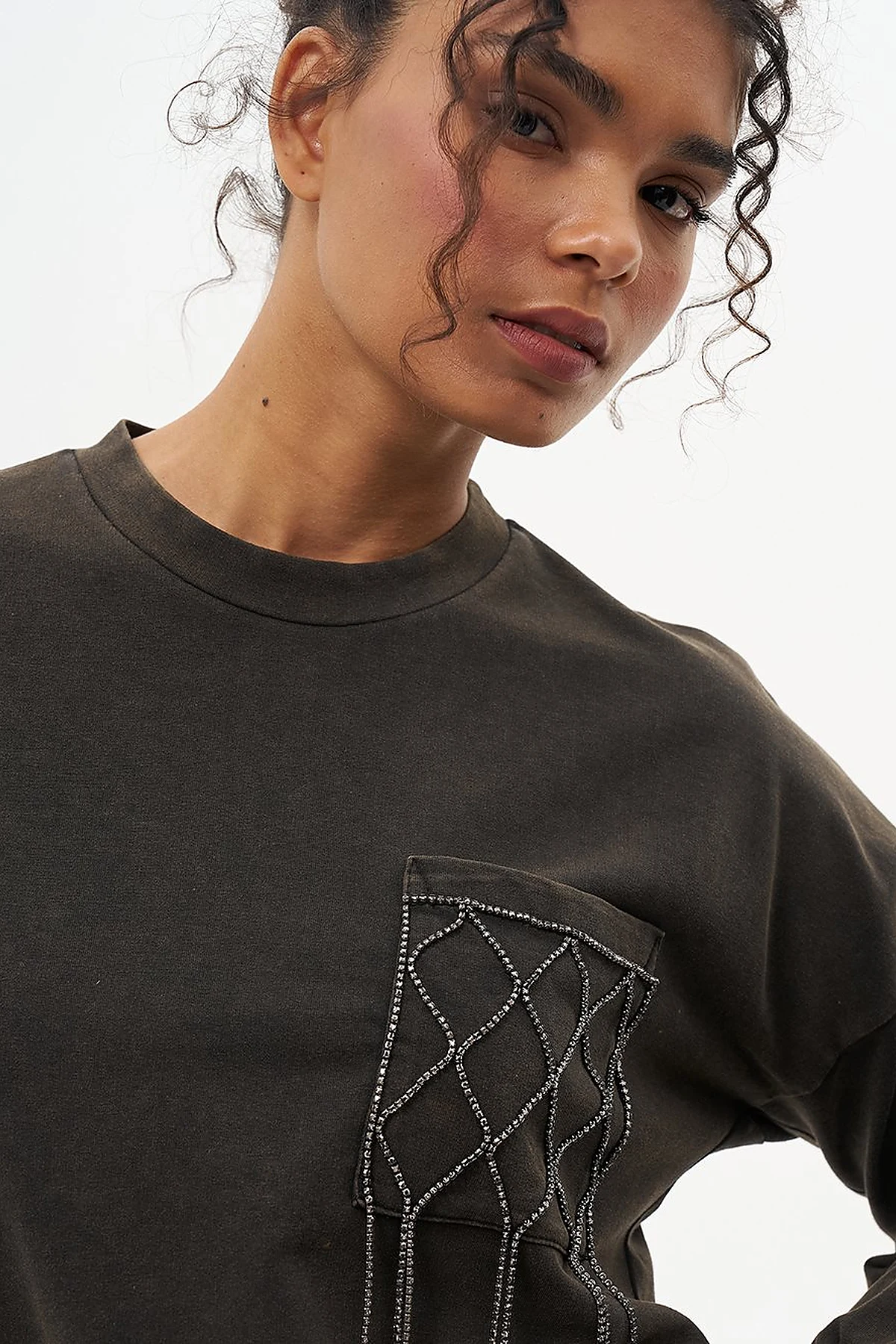 Taş İşlemeli İki İplik Sweatshirt Yeşil 