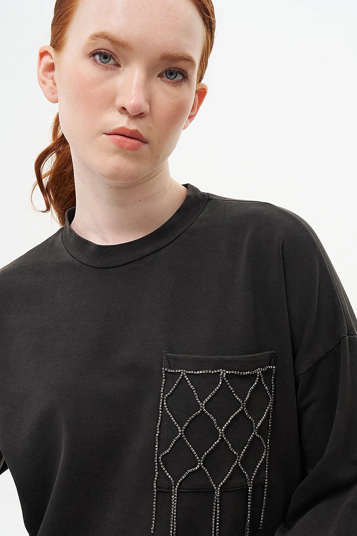 Taş İşlemeli İki İplik Sweatshirt Siyah 