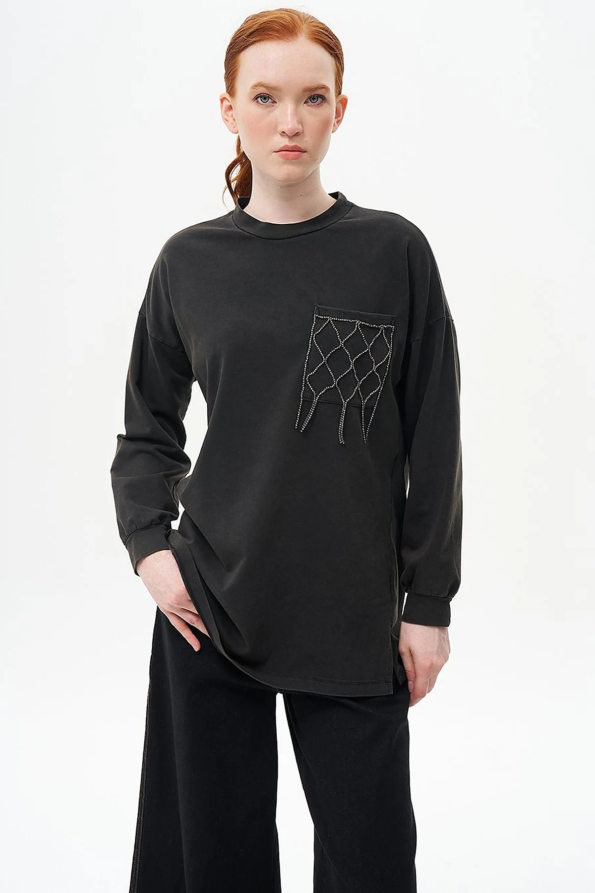 Taş İşlemeli İki İplik Sweatshirt Siyah 