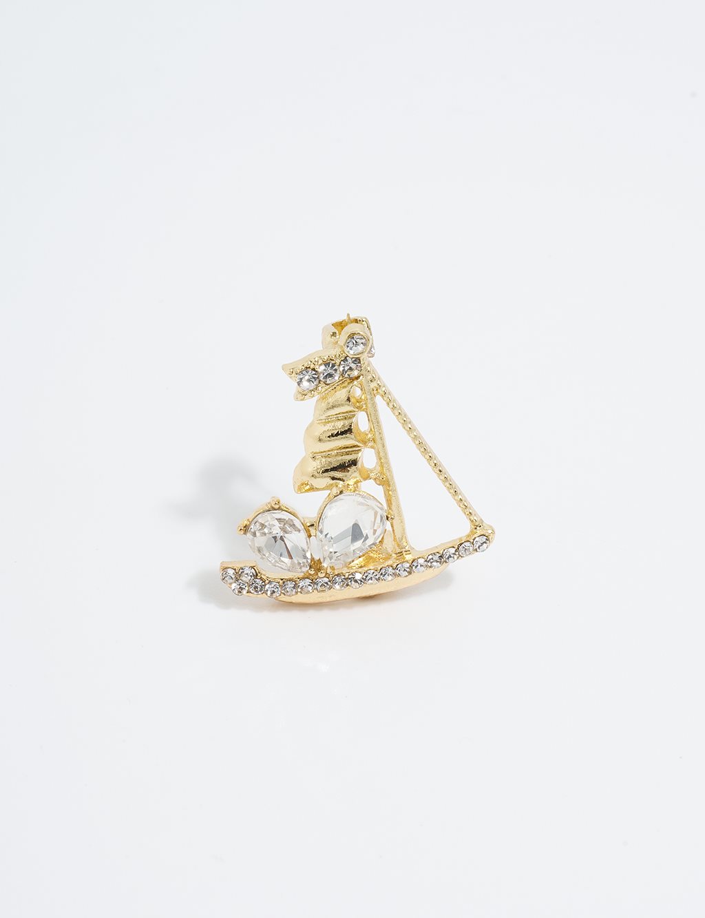 Gold Ship Figure Brooch with Stone Detailing