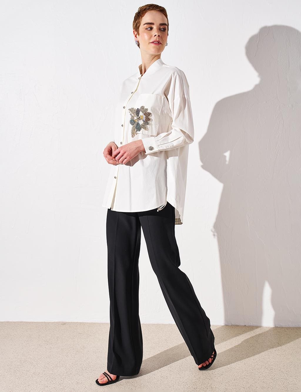  Stone-Embellished Ribbed Poplin Tunic Ecru