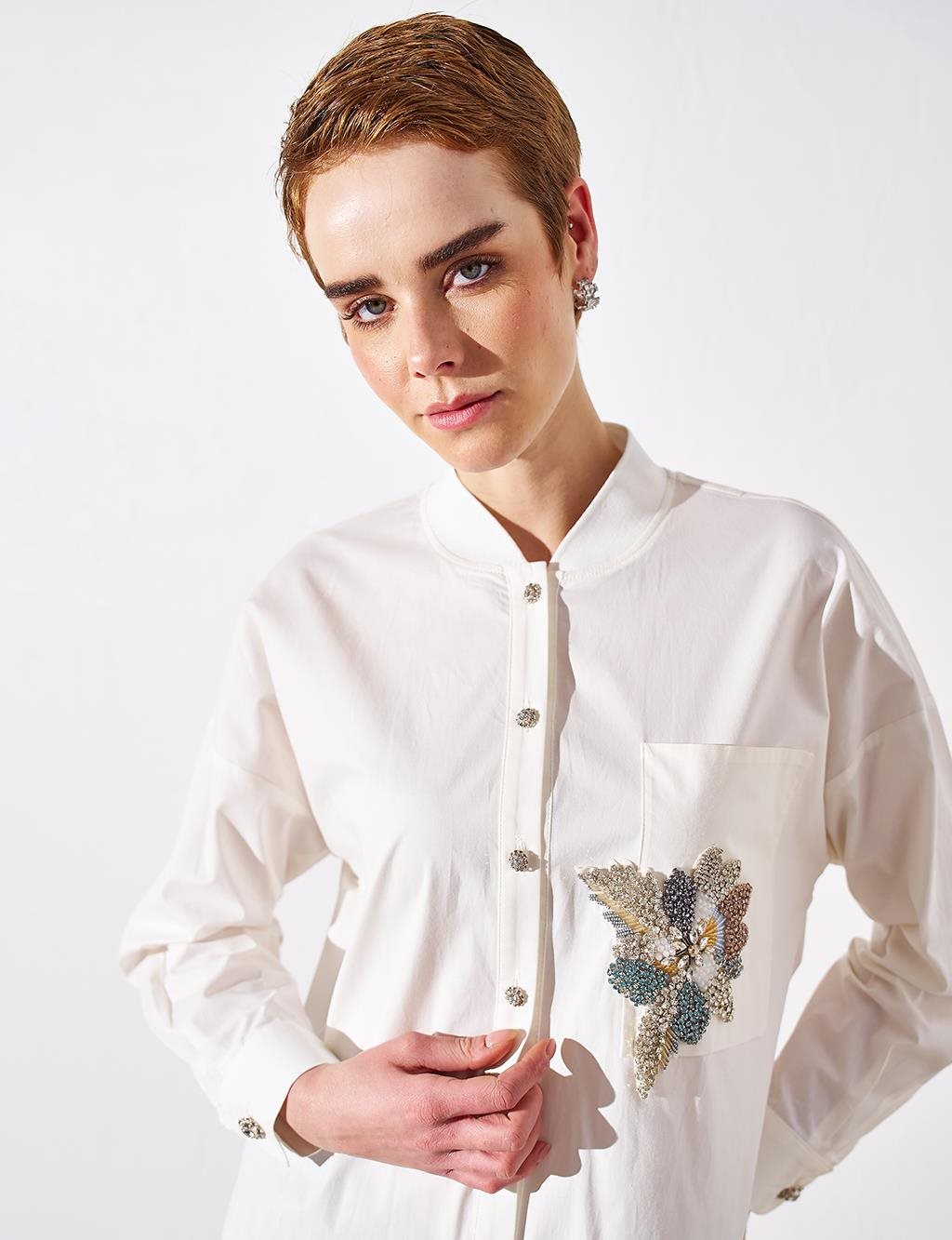 Stone-Embellished Ribbed Poplin Tunic Ecru