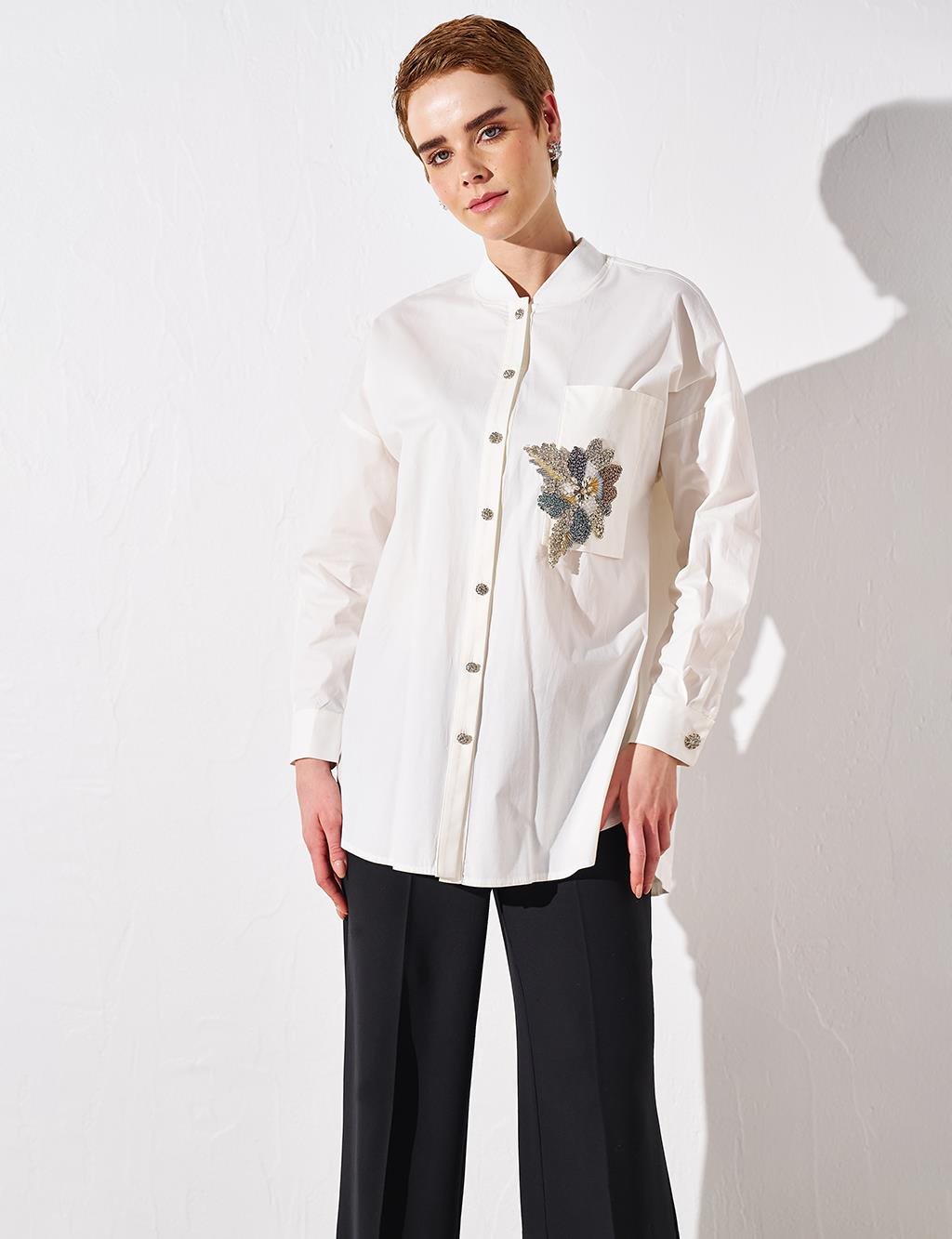  Stone-Embellished Ribbed Poplin Tunic Ecru