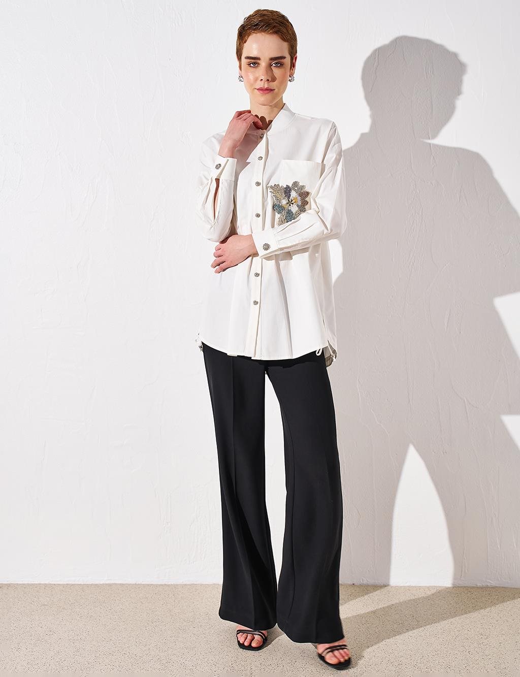  Stone-Embellished Ribbed Poplin Tunic Ecru