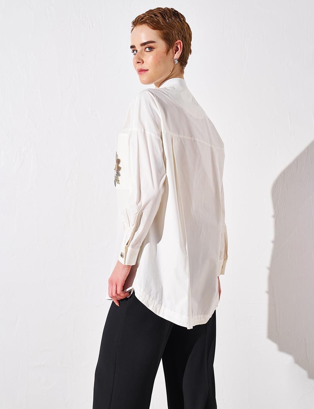  Stone-Embellished Ribbed Poplin Tunic Ecru