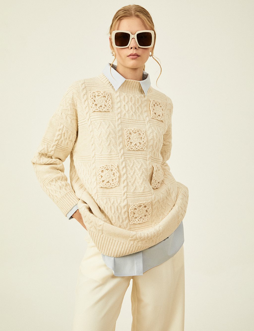 Lace Appliqued Knitted Tunic Stone