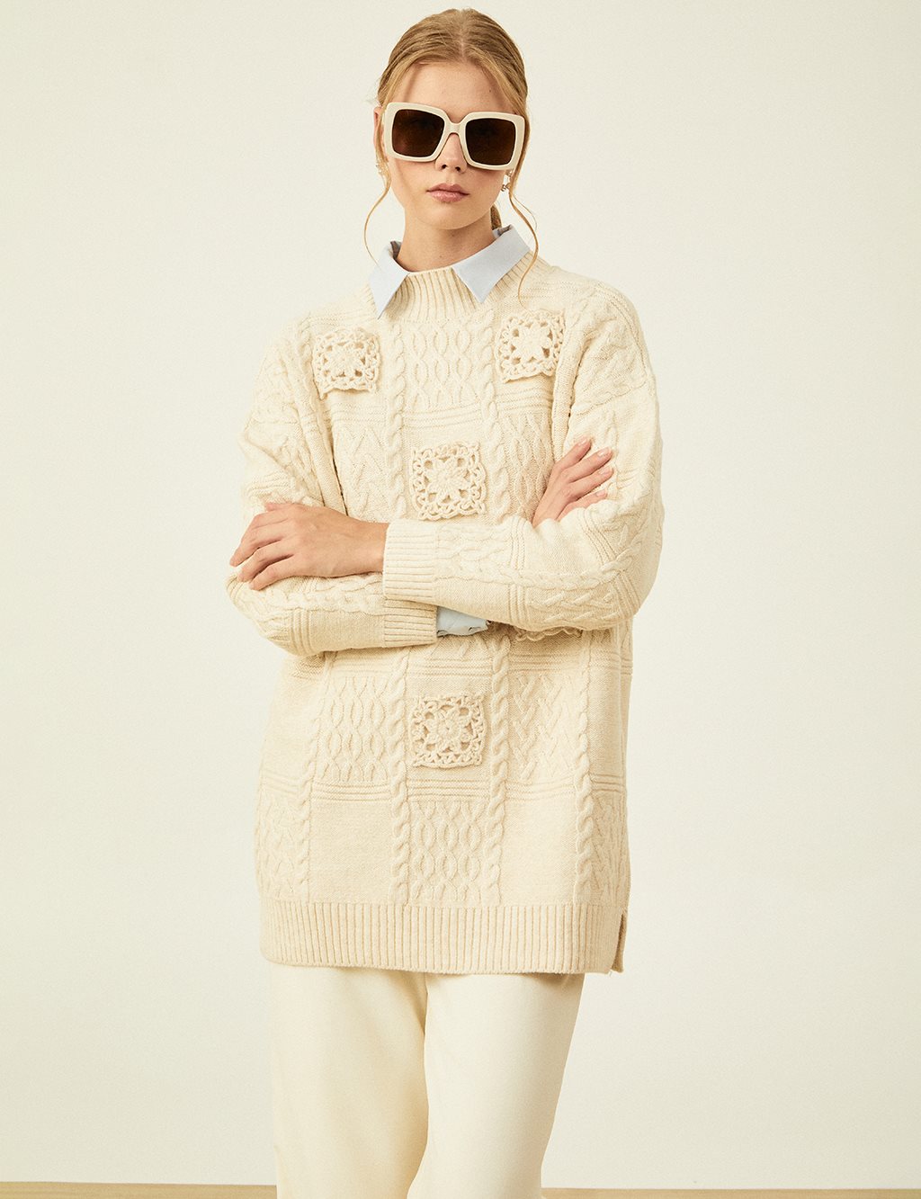 Lace Appliqued Knitted Tunic Stone