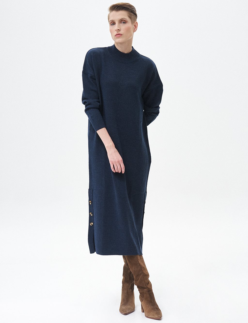 Button Detailed Knit Dress Navy Blue