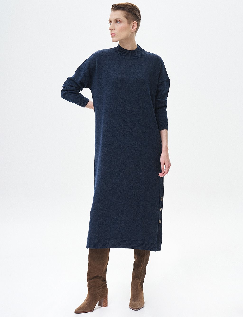 Button Detailed Knit Dress Navy Blue