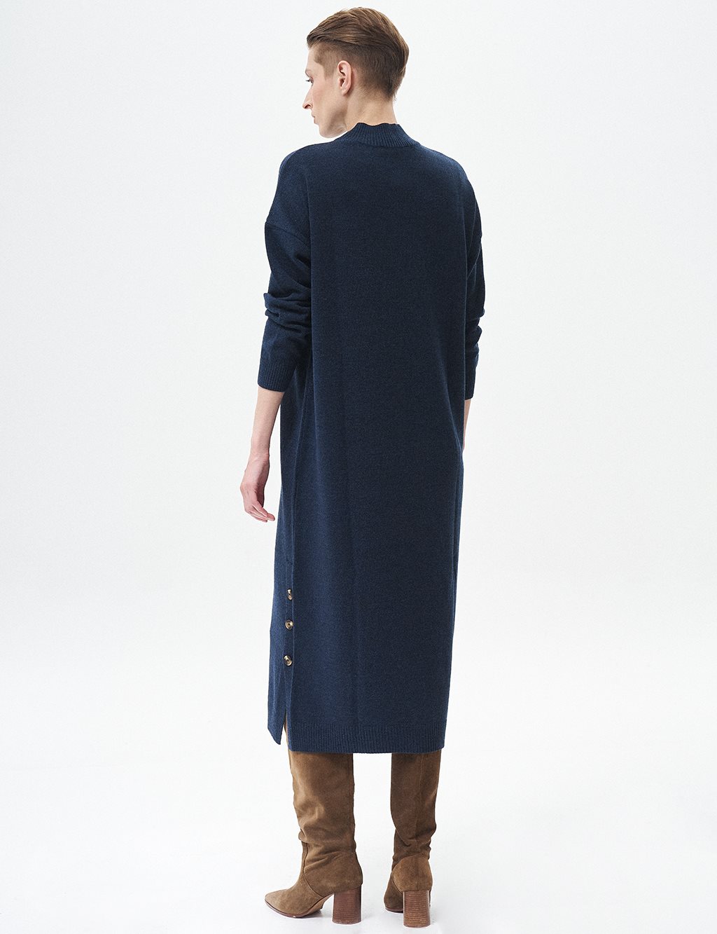 Button Detailed Knit Dress Navy Blue