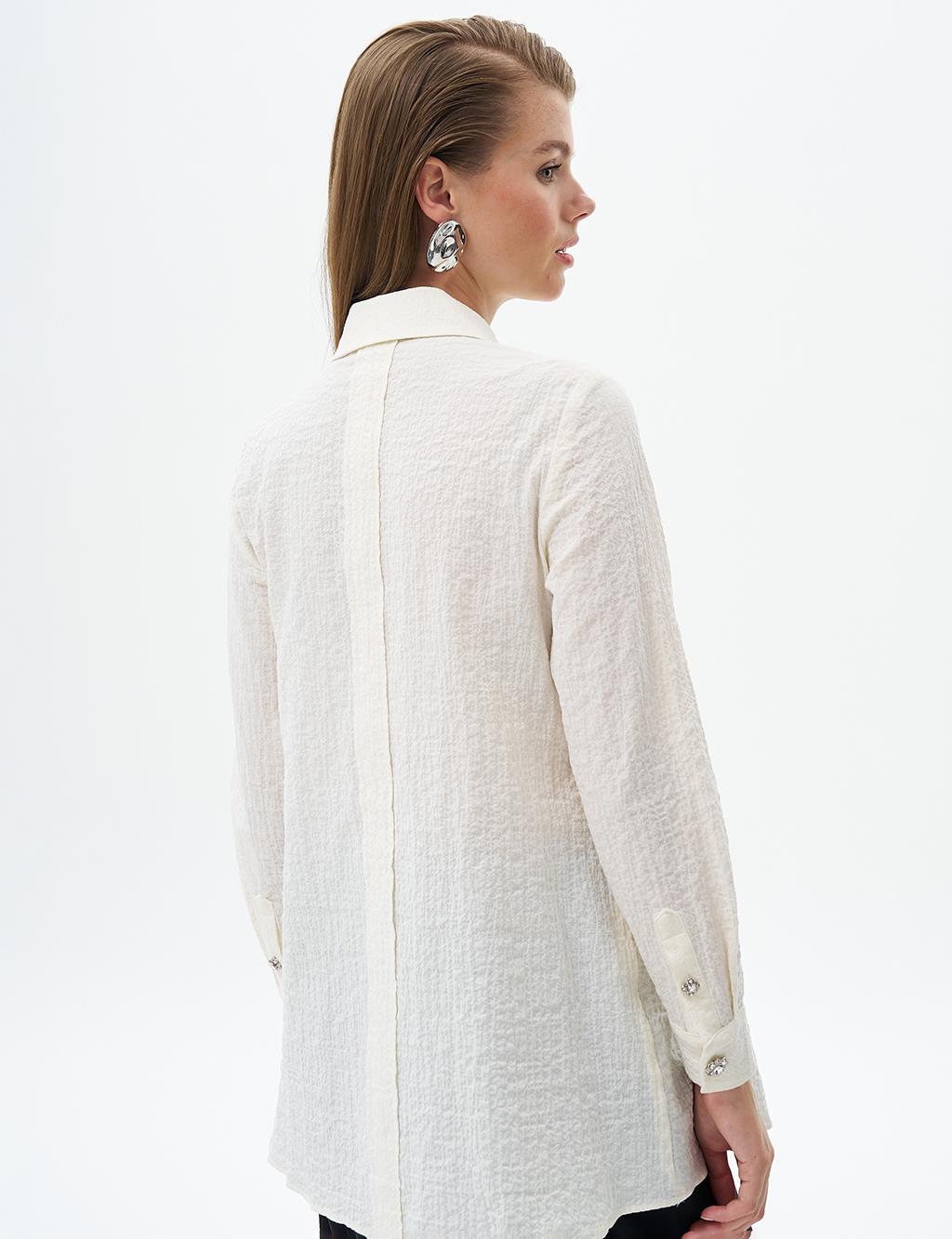 Stone Detailed Embossed Blouse Ecru