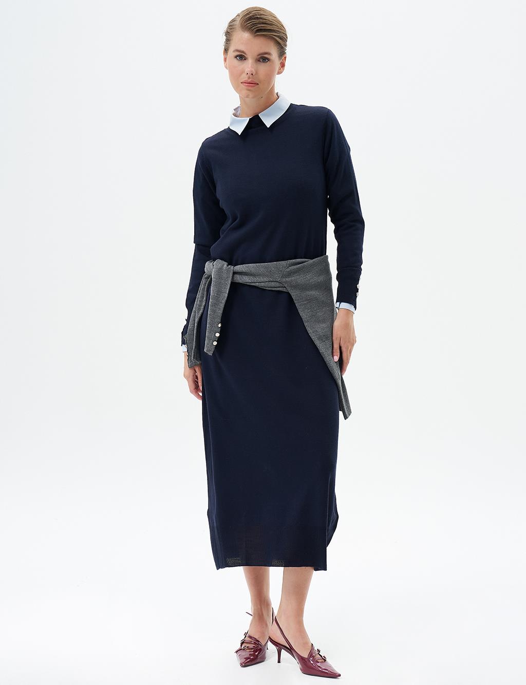 Half Turtleneck Knit Dress Navy Blue