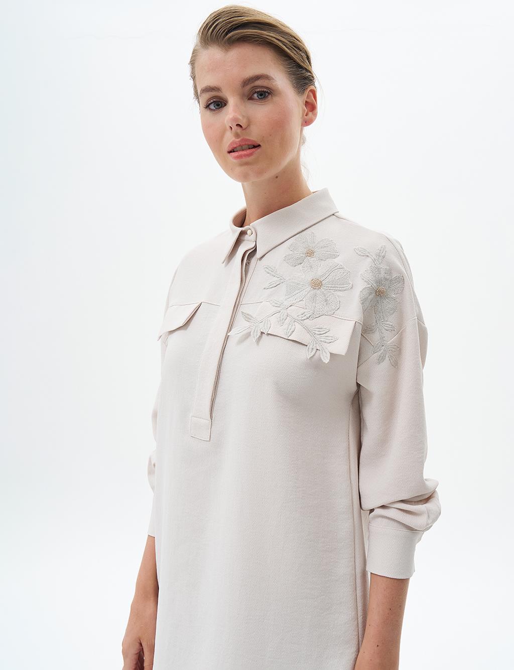 Flower Applique Shirt Collar Tunic Cream