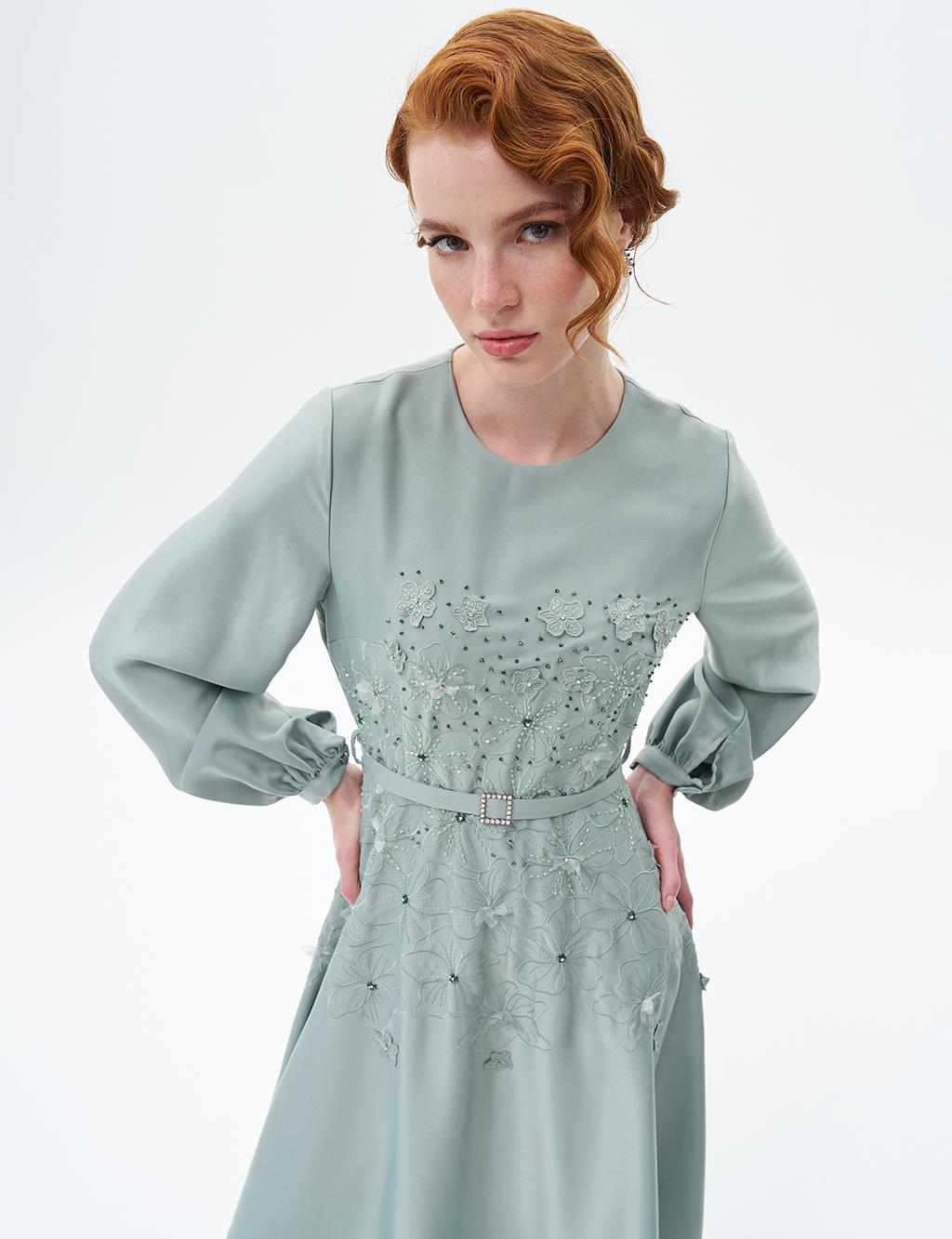 Flower Appliqued Satin Dress Sage Tea