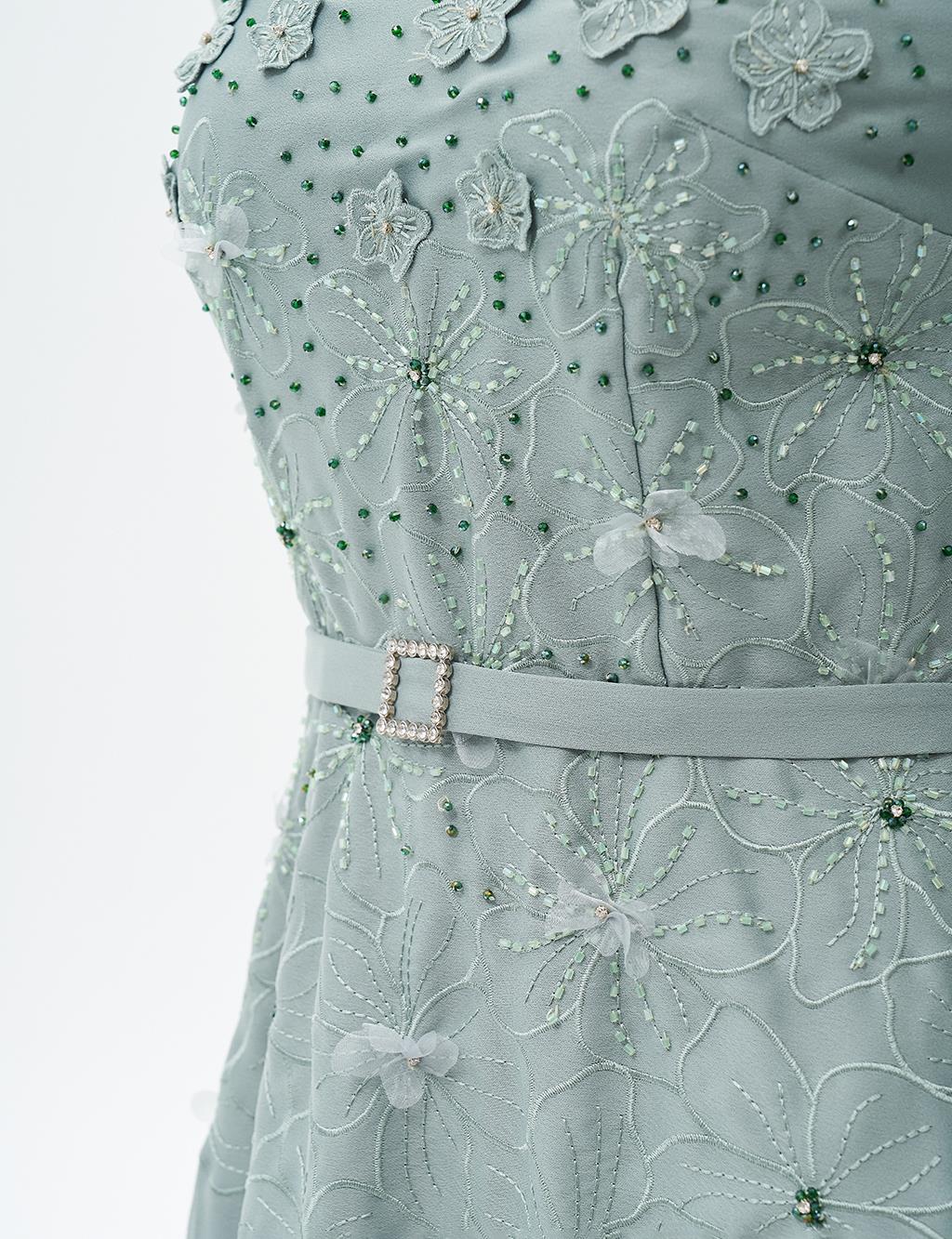 Flower Appliqued Satin Dress Sage Tea