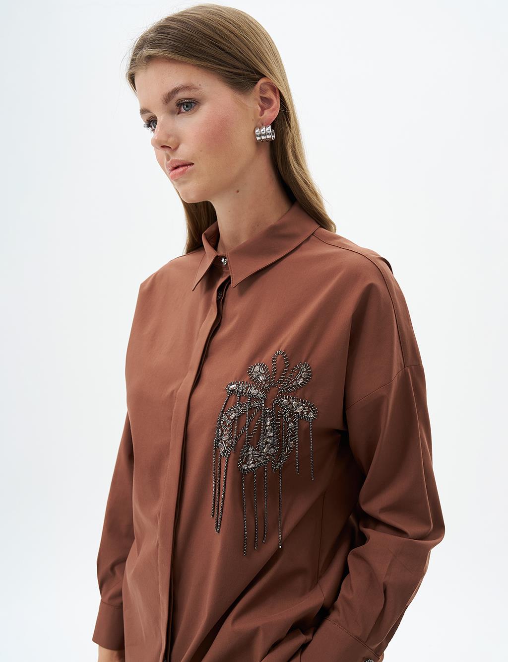 Stone Embroidered Poplin Tunic Dark Coffee