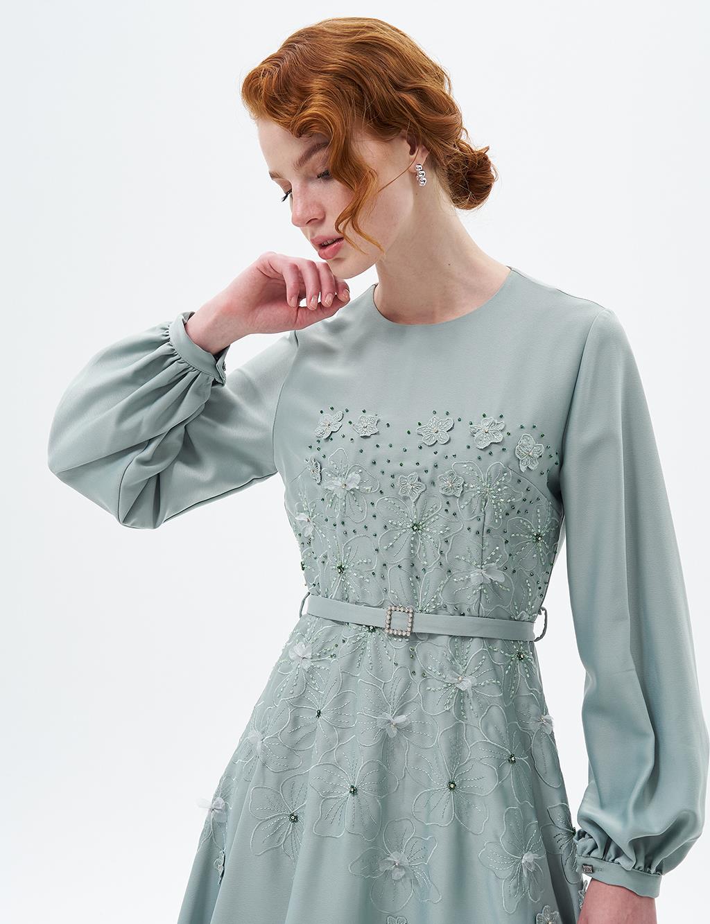 Flower Appliqued Satin Dress Sage Tea