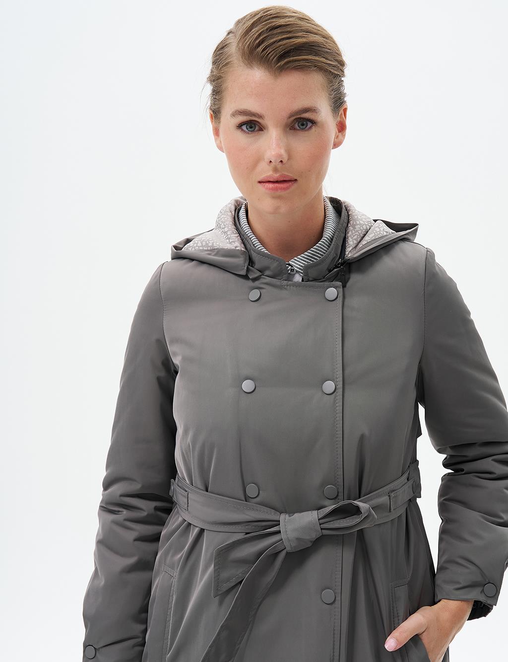 Waist Adjustable Hood Detailed Coat Smoke